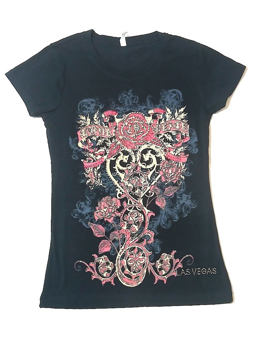 Hellowin Las Vegas Rhinestone Graphic T Shirt Black Roses Heart Women’s M Y2K